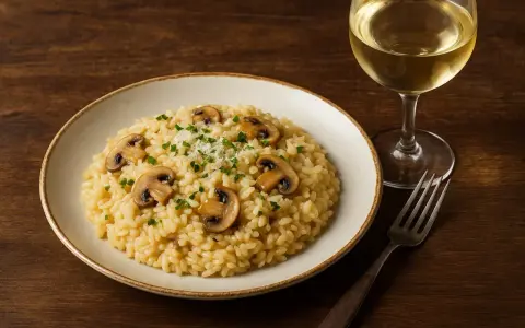 Risotto z grzybami i kieliszek białego wina. Idealne, gdy zastanawiasz się, co zamiast białego wina do risotto.