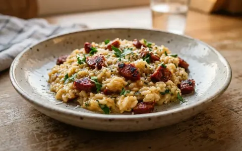 Risotto z chorizo i natką pietruszki na talerzu, z widokiem na okno.