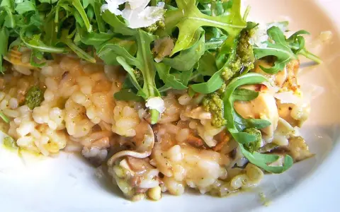 Kremowe risotto z kurczakiem i pieczarkami, udekorowane rukolą i parmezanem.