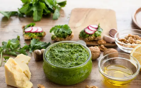 Zielone pesto w misce, obok składniki: ser, orzechy, cytryna, czosnek, oliwa.