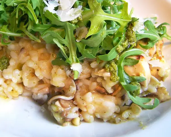 Kremowe risotto z kurczakiem i pieczarkami, udekorowane rukolą i parmezanem.